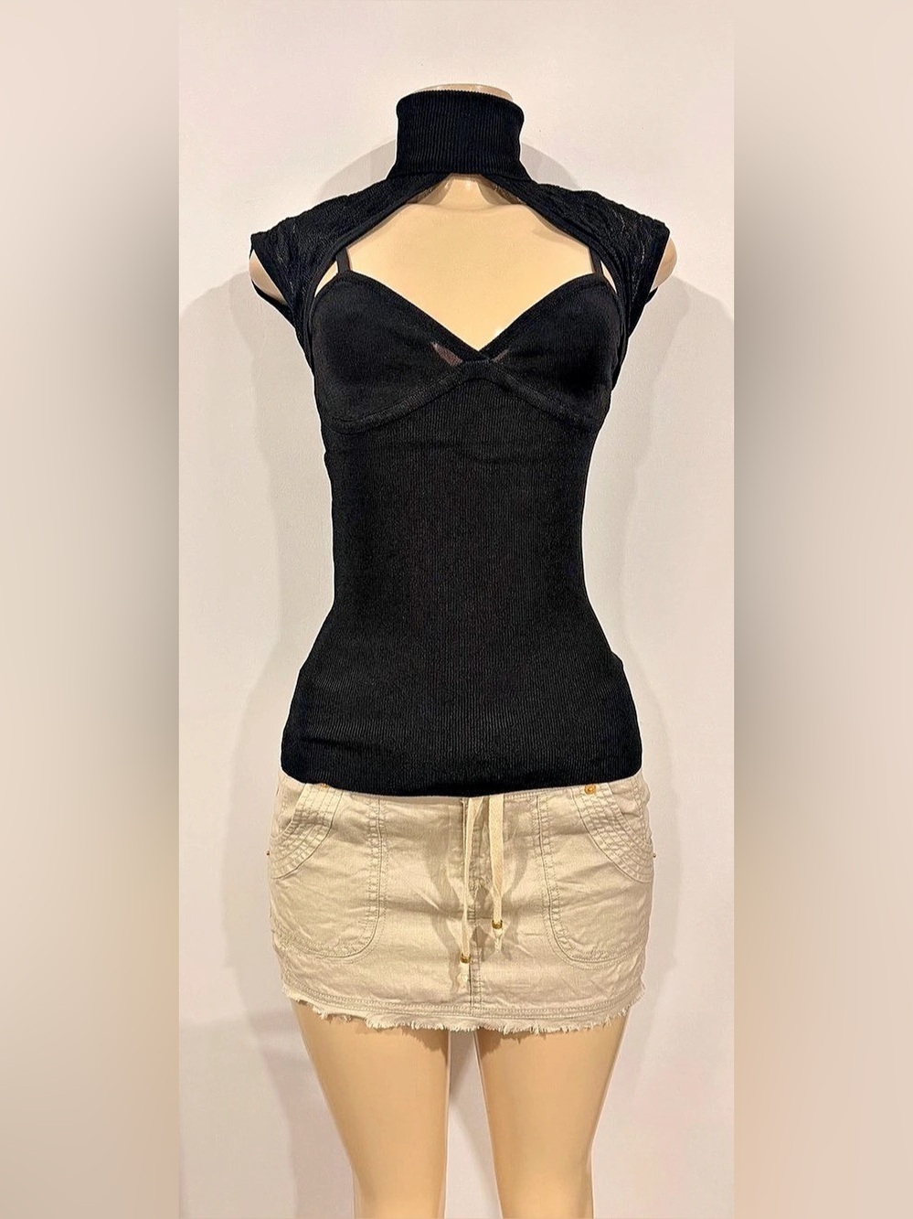 Bebe Black Mock Neck Lace Panel Top Like New Y2K